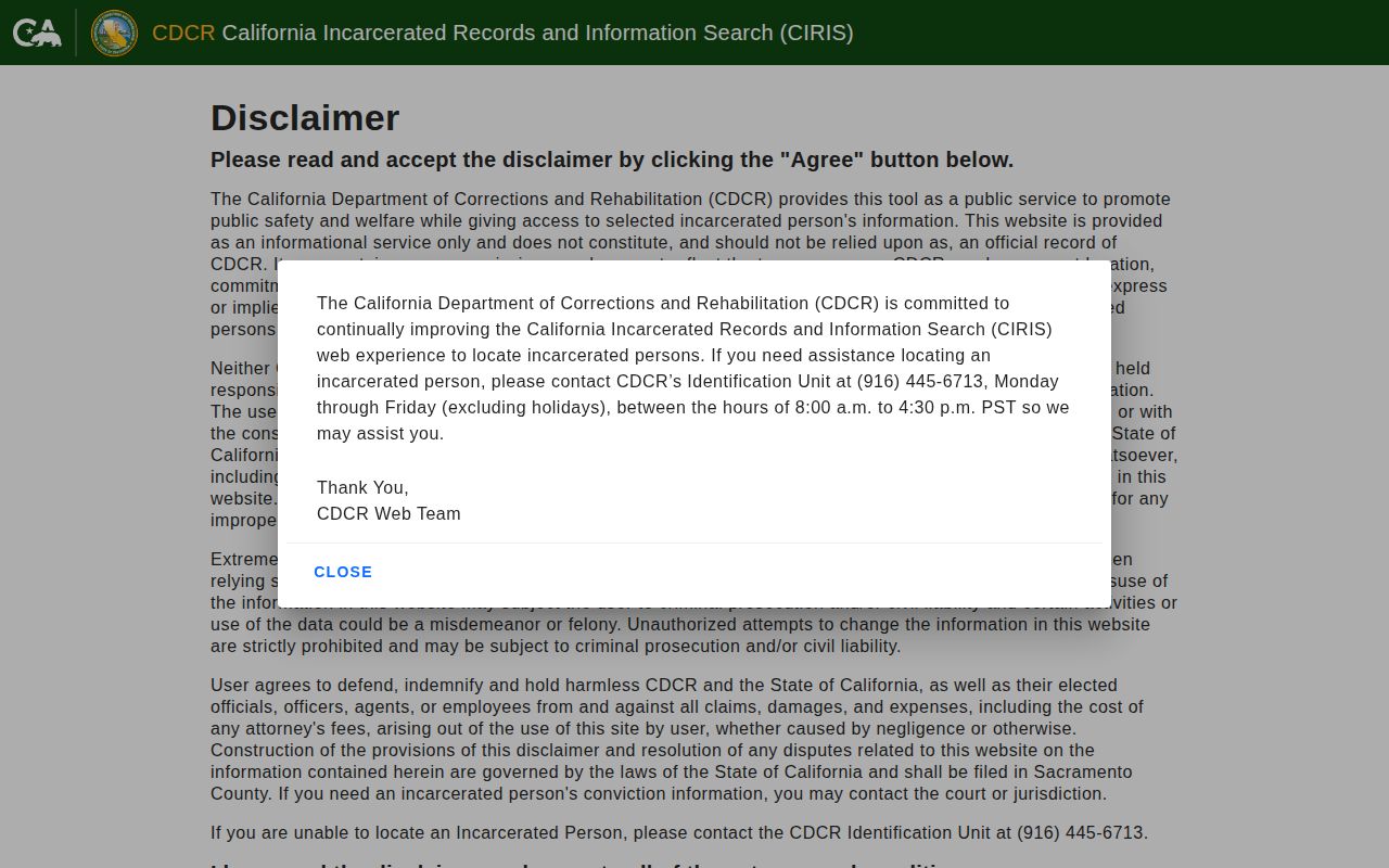 Sacramento County released inmates CDCR CIRIS search page