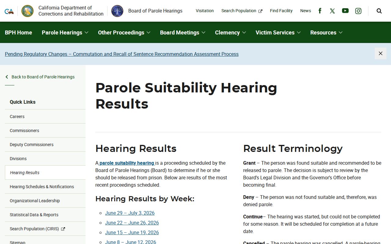 Sacramento County parole and probation BPH hearing results source